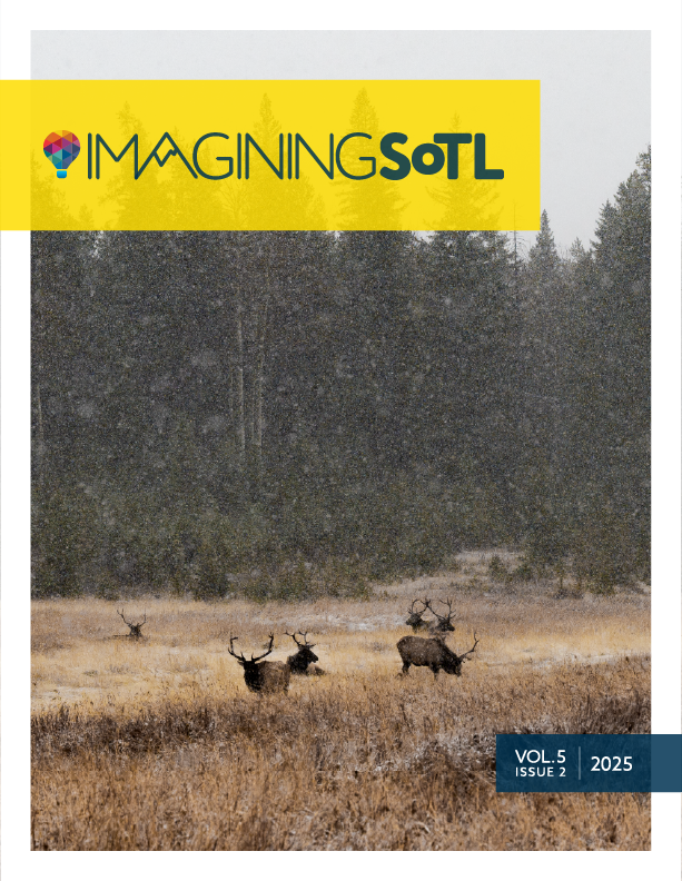 Six elk graze peacefully in a field with trees in the background as snow falls.